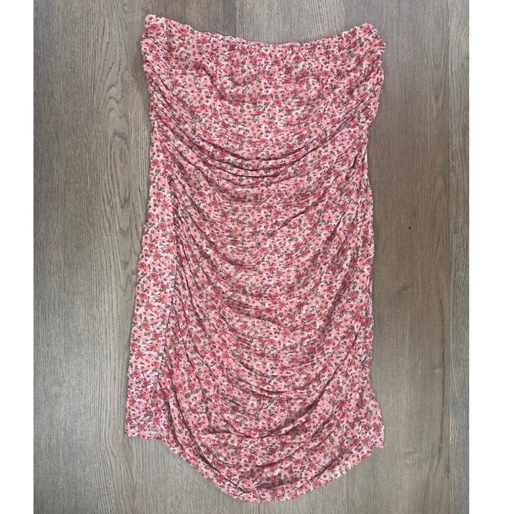 Miscreants London Pink Floral Ruched Strapless Mini Tube Dress Size 12 UK